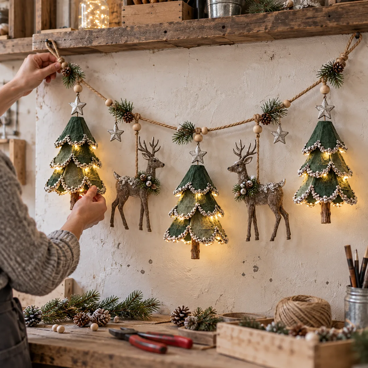 🎄🦌 Guirlande de Noël « Forêt » illuminée et faite main — Arbres et cerfs peints à la main, lueur chaleureuse