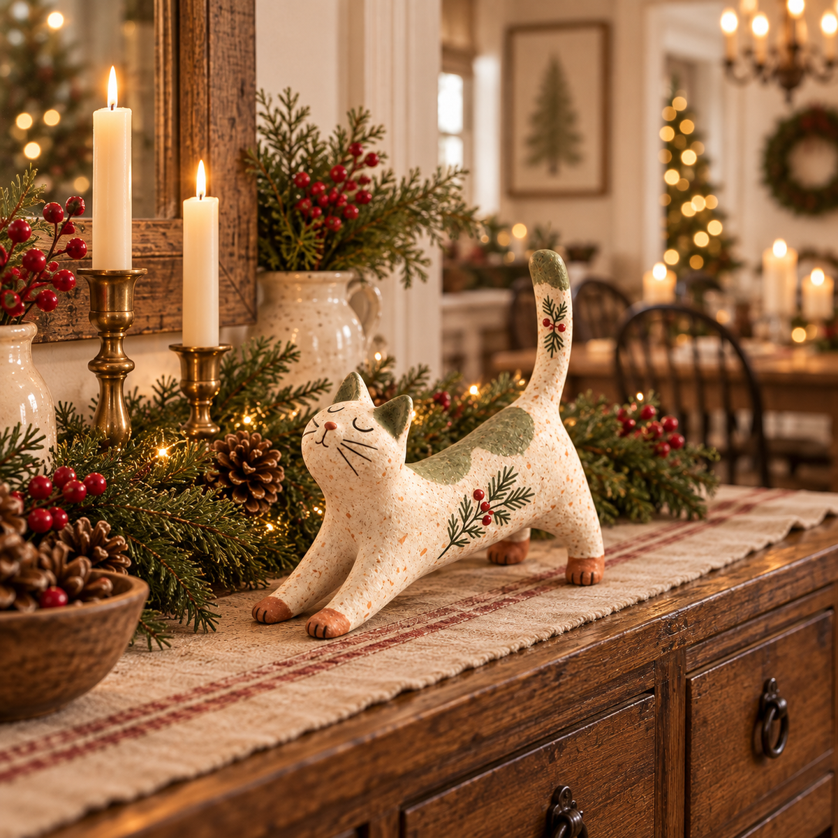 🐈🎄 Figurine de chat de Noël des bois : un petit compagnon des bois tout douillet pour votre maison pendant les fêtes