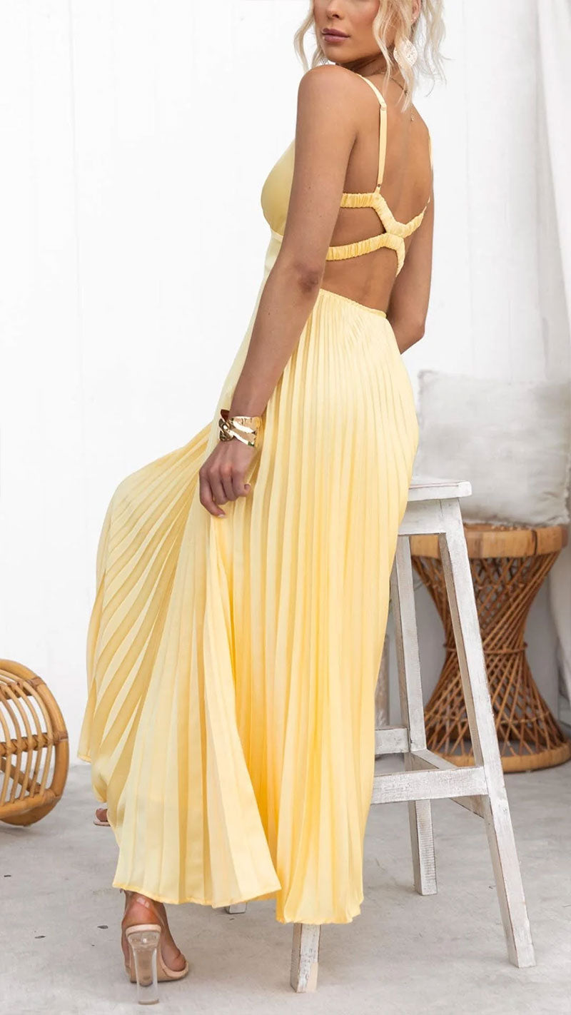 Robe longue plissée jaune à col en V