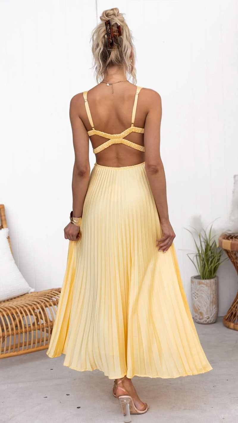 Robe longue plissée jaune à col en V