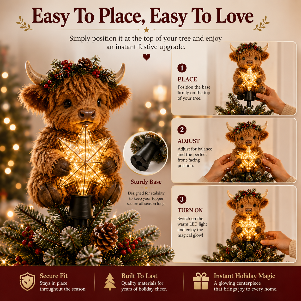 🐮⭐ Décoration de sapin « Bébé vache des Highlands » — Étoile scintillante, breloque duveteuse pour sapins de Noël