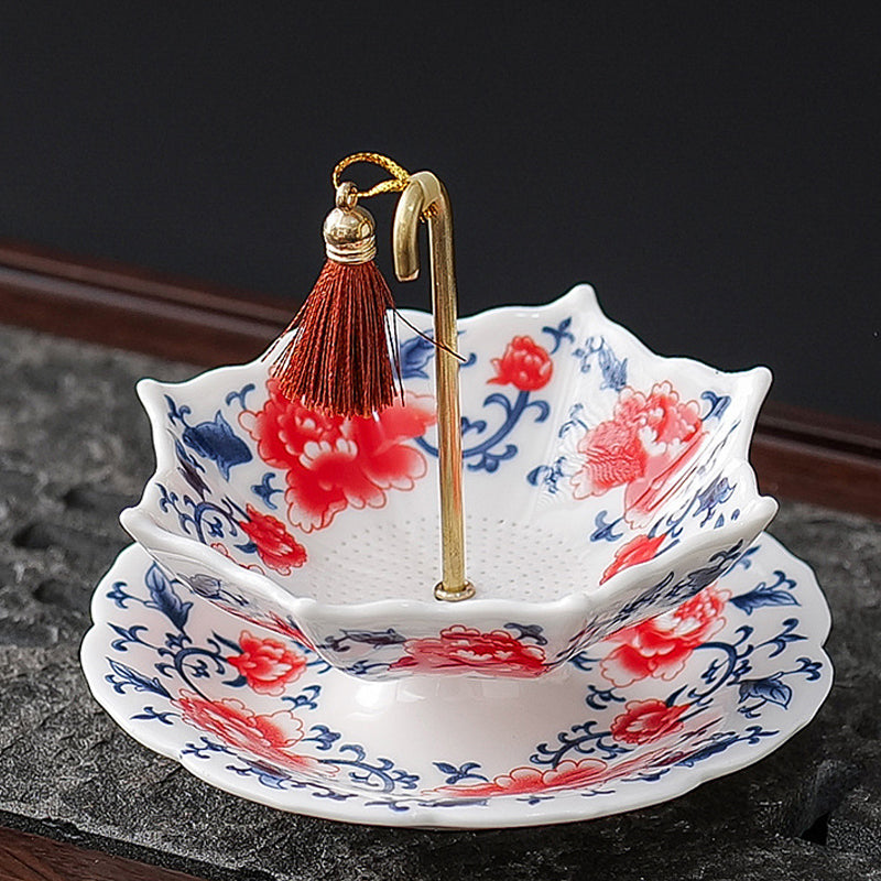 🍵✨ Élégante passoire à thé en céramique en forme de parapluie — Poignée en cuivre, maille fine et soucoupe assortie