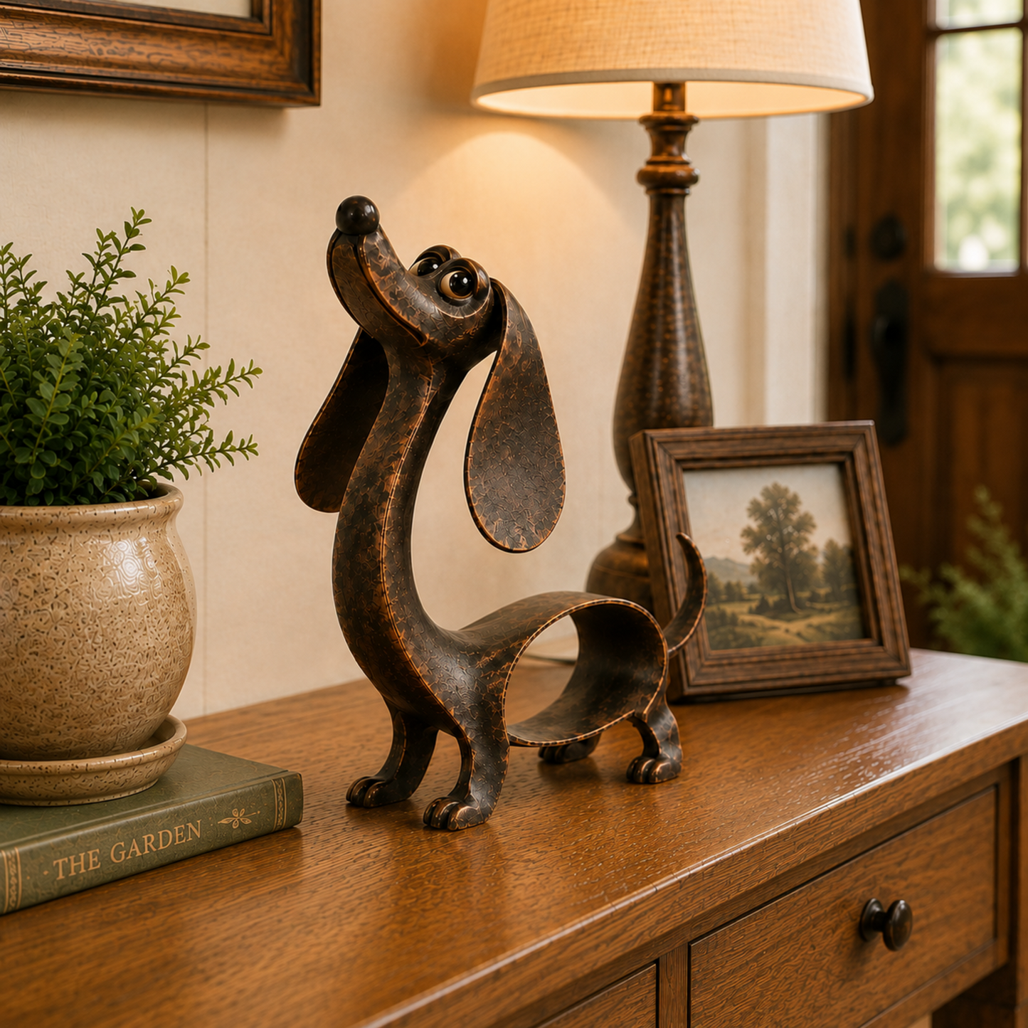 🐾✨ Un personnage inoubliable — Sculpture en métal représentant un teckel, en bronze antique