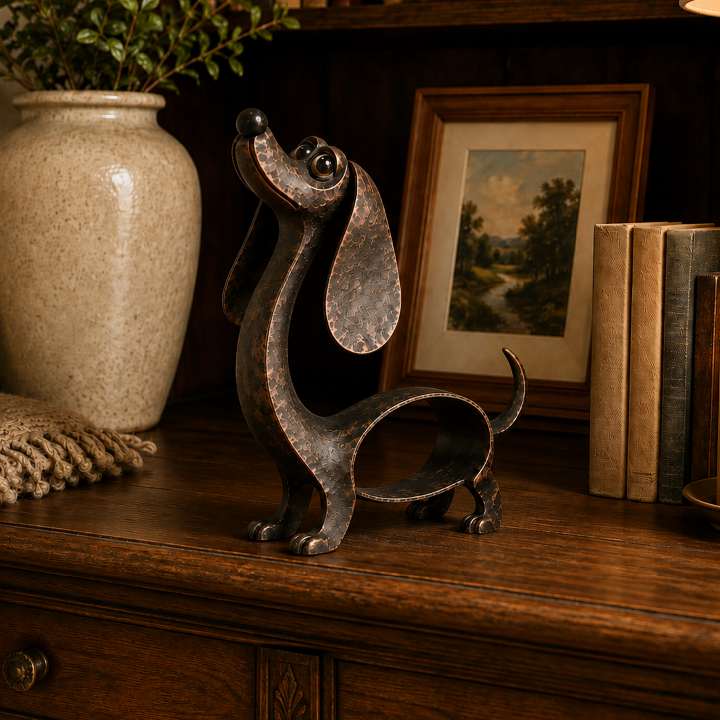 🐾✨ Un personnage inoubliable — Sculpture en métal représentant un teckel, en bronze antique