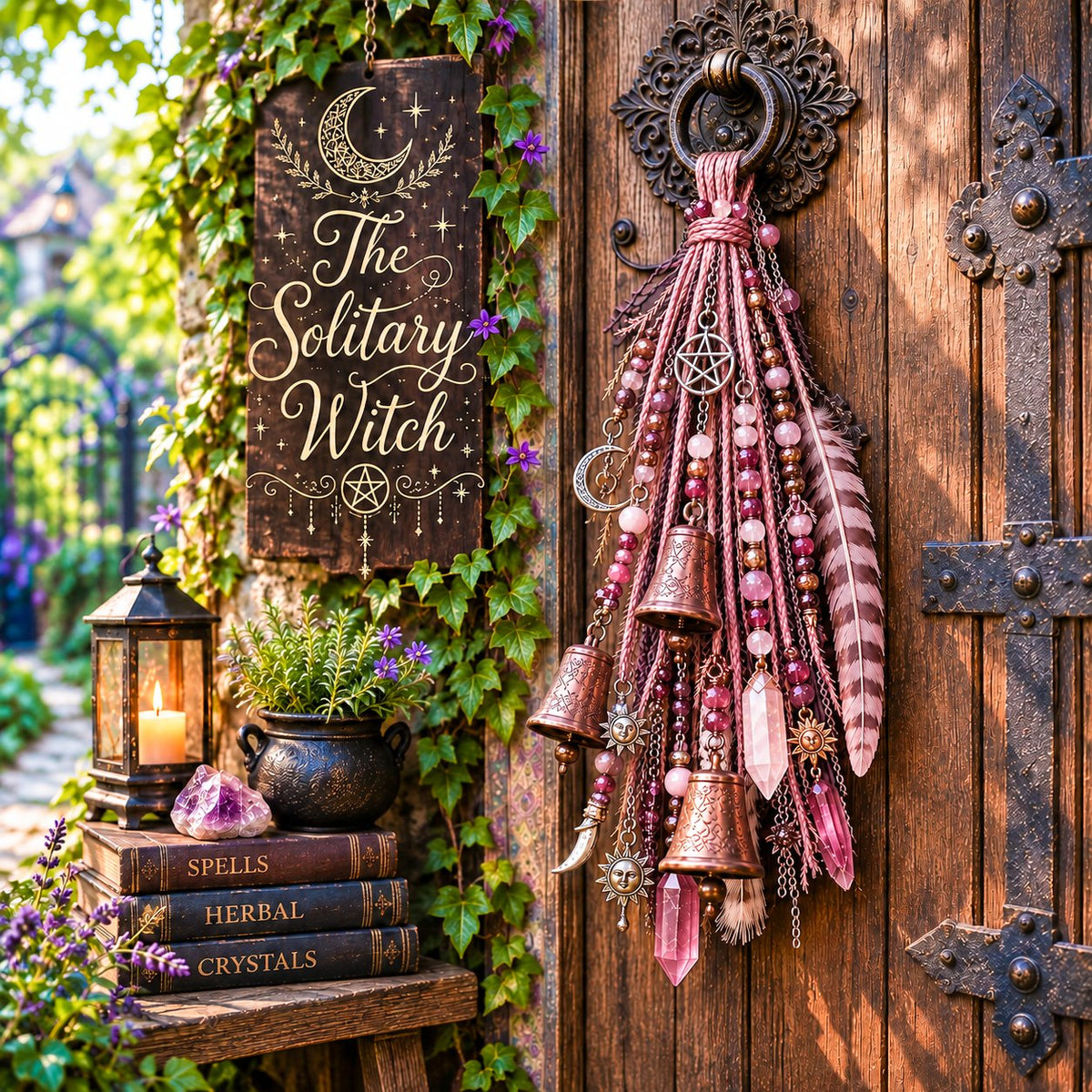 🔮🌙 The Solitary Witch Door Charm — Celestial Hanging Decor with Crystals, Feathers & Vintage Bells