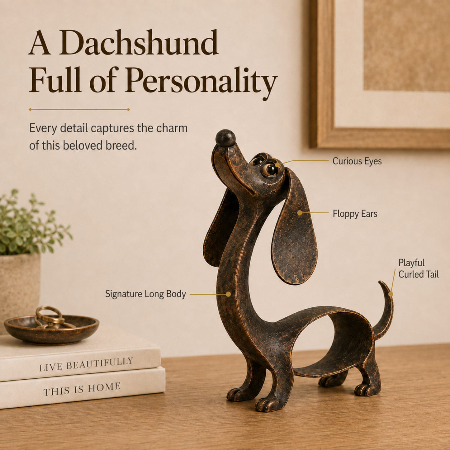 🐾✨ Un personnage inoubliable — Sculpture en métal représentant un teckel, en bronze antique