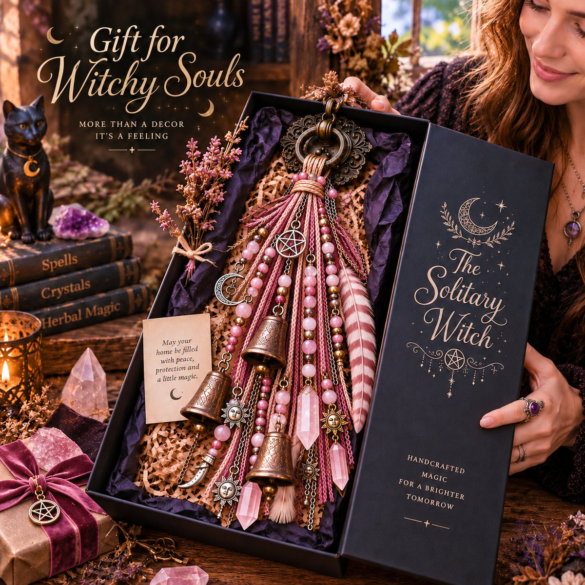 🔮🌙 The Solitary Witch Door Charm — Celestial Hanging Decor with Crystals, Feathers & Vintage Bells