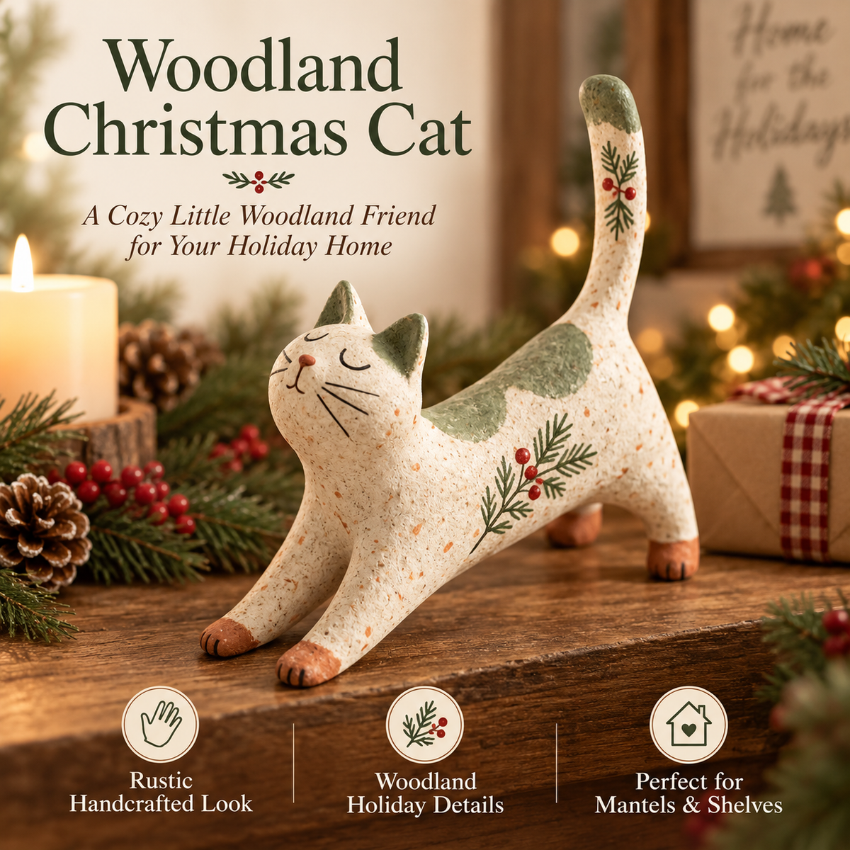 🐈🎄 Figurine de chat de Noël des bois : un petit compagnon des bois tout douillet pour votre maison pendant les fêtes