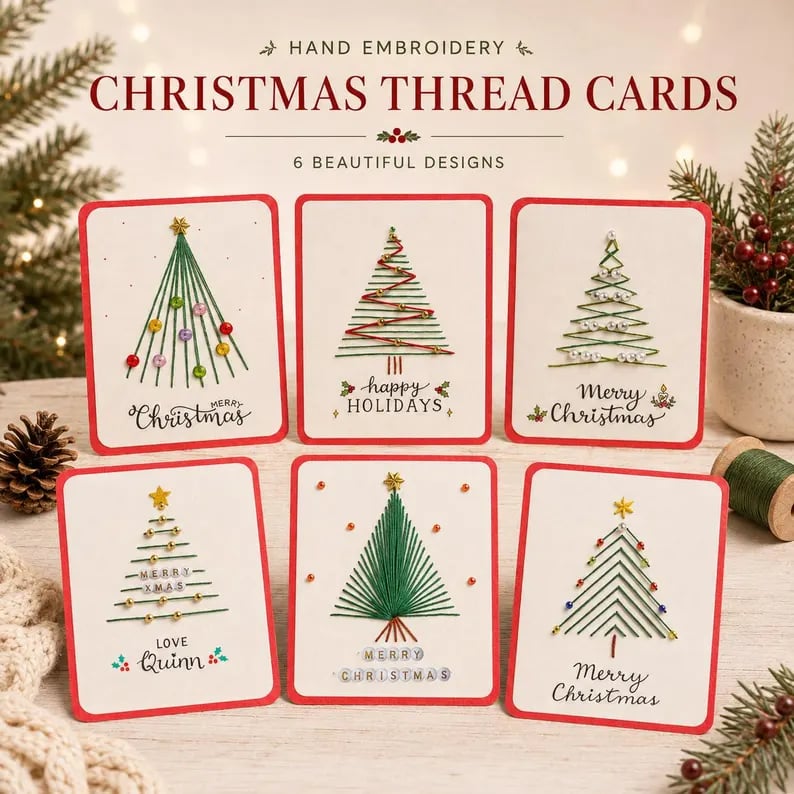 🎄🧵 Kit DIY de cartes de Noël brodées (6 modèles) — une carte unique, un geste fait avec le cœur