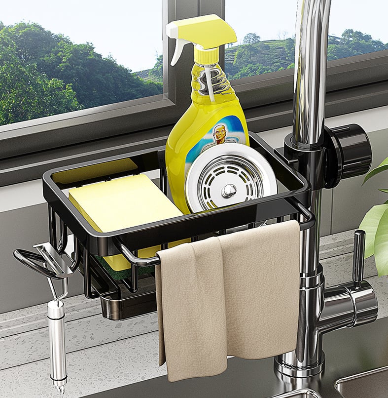 🍽️💧 Support de rangement multifonctionnel pour évier — En aluminium résistant à la rouille, séchage rapide et installation sans outils