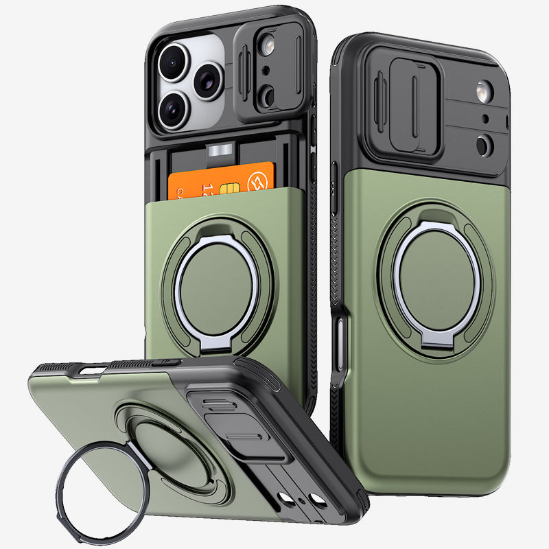 📱💳 Étui multifonctionnel pour téléphone — Compartiment coulissant pour cartes, cache-appareil photo et support anneau à 360°