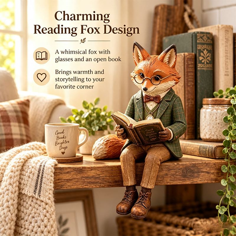 🦊📚 Figurine de renard lecteur — Décoration fantaisiste sur le thème des amateurs de livres et de la forêt