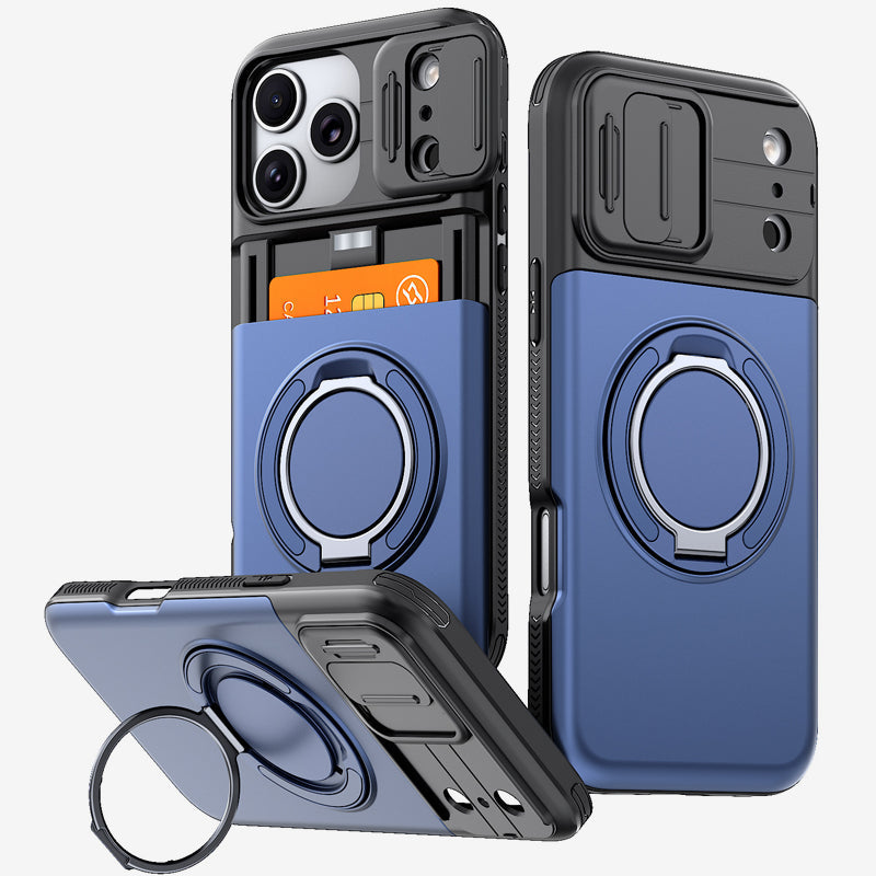 📱💳 Étui multifonctionnel pour téléphone — Compartiment coulissant pour cartes, cache-appareil photo et support anneau à 360°
