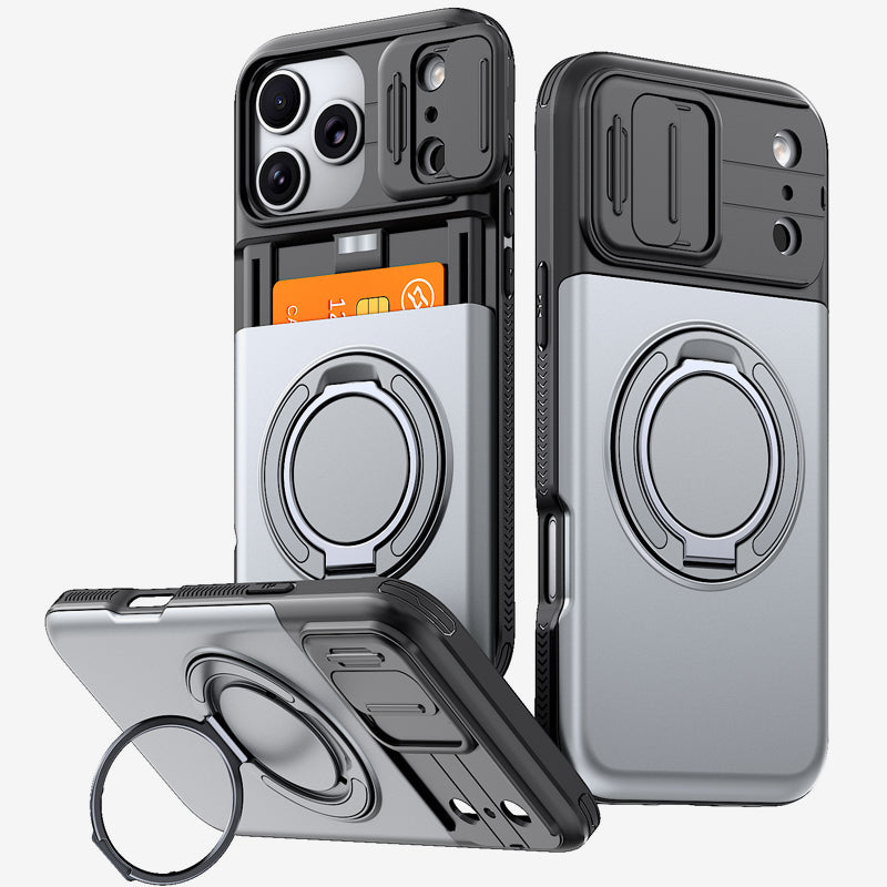 📱💳 Étui multifonctionnel pour téléphone — Compartiment coulissant pour cartes, cache-appareil photo et support anneau à 360°