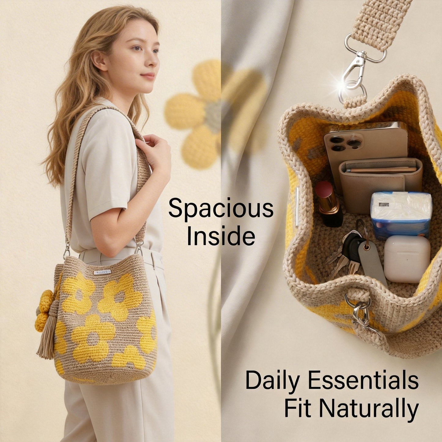 🏆 Promotion : 49 % de réduction 🧵🌸 Sac fourre-tout à fleurs au crochet fait main 🌼✨