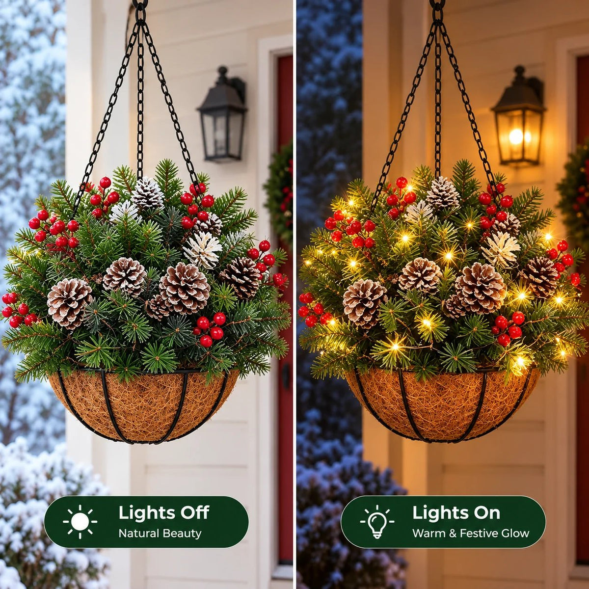 🌿✨ Panier suspendu pré-éclairé — Décoration à feuillage persistant à LED résistante aux intempéries, sans entretien