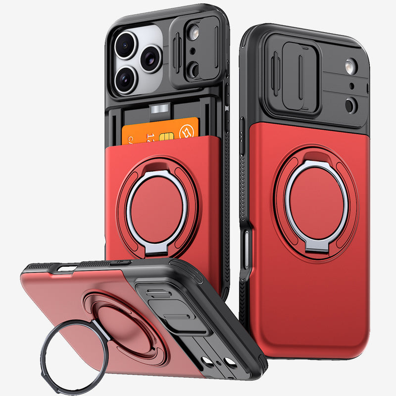 📱💳 Étui multifonctionnel pour téléphone — Compartiment coulissant pour cartes, cache-appareil photo et support anneau à 360°