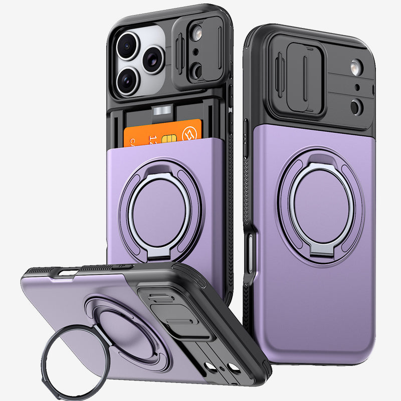 📱💳 Étui multifonctionnel pour téléphone — Compartiment coulissant pour cartes, cache-appareil photo et support anneau à 360°
