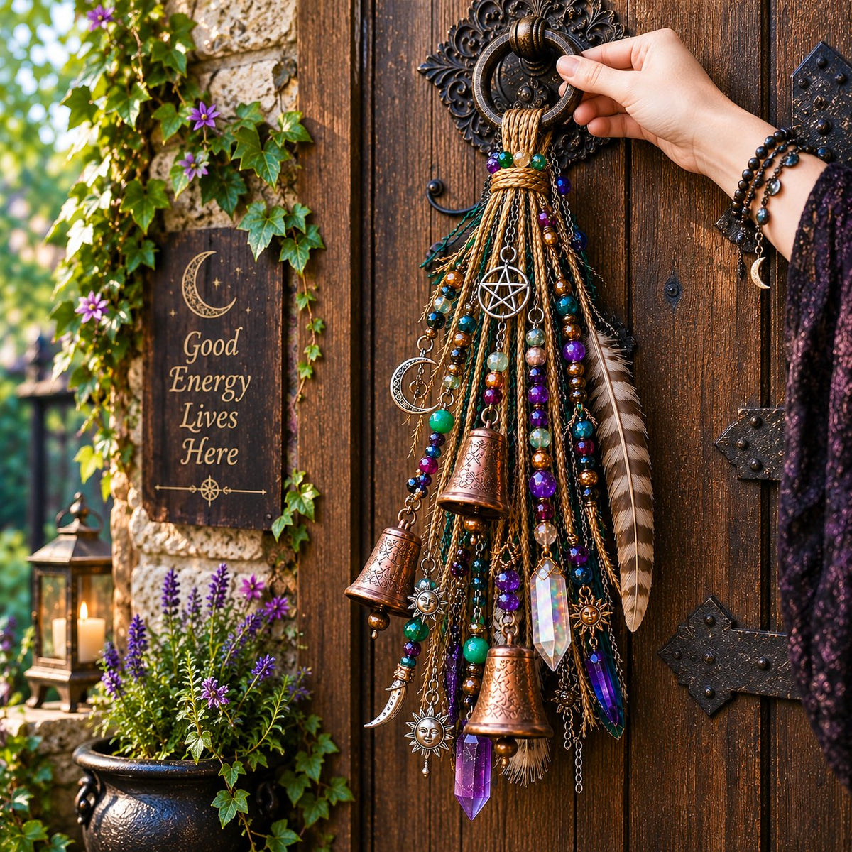 🔮🌙 The Solitary Witch Door Charm — Celestial Hanging Decor with Crystals, Feathers & Vintage Bells
