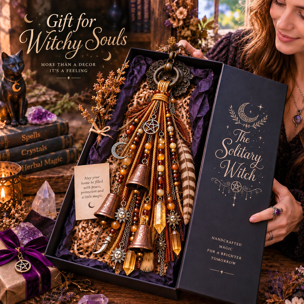 🔮🌙 The Solitary Witch Door Charm — Celestial Hanging Decor with Crystals, Feathers & Vintage Bells