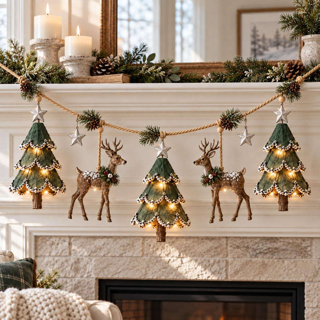 🎄🦌 Guirlande de Noël « Forêt » illuminée et faite main — Arbres et cerfs peints à la main, lueur chaleureuse