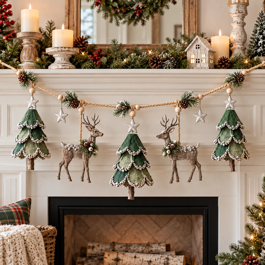 🎄🦌 Guirlande de Noël « Forêt » illuminée et faite main — Arbres et cerfs peints à la main, lueur chaleureuse