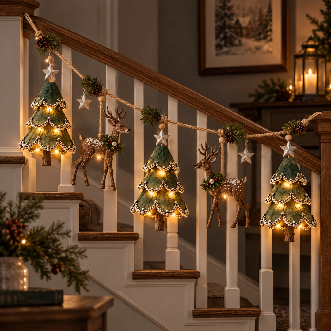 🎄🦌 Guirlande de Noël « Forêt » illuminée et faite main — Arbres et cerfs peints à la main, lueur chaleureuse