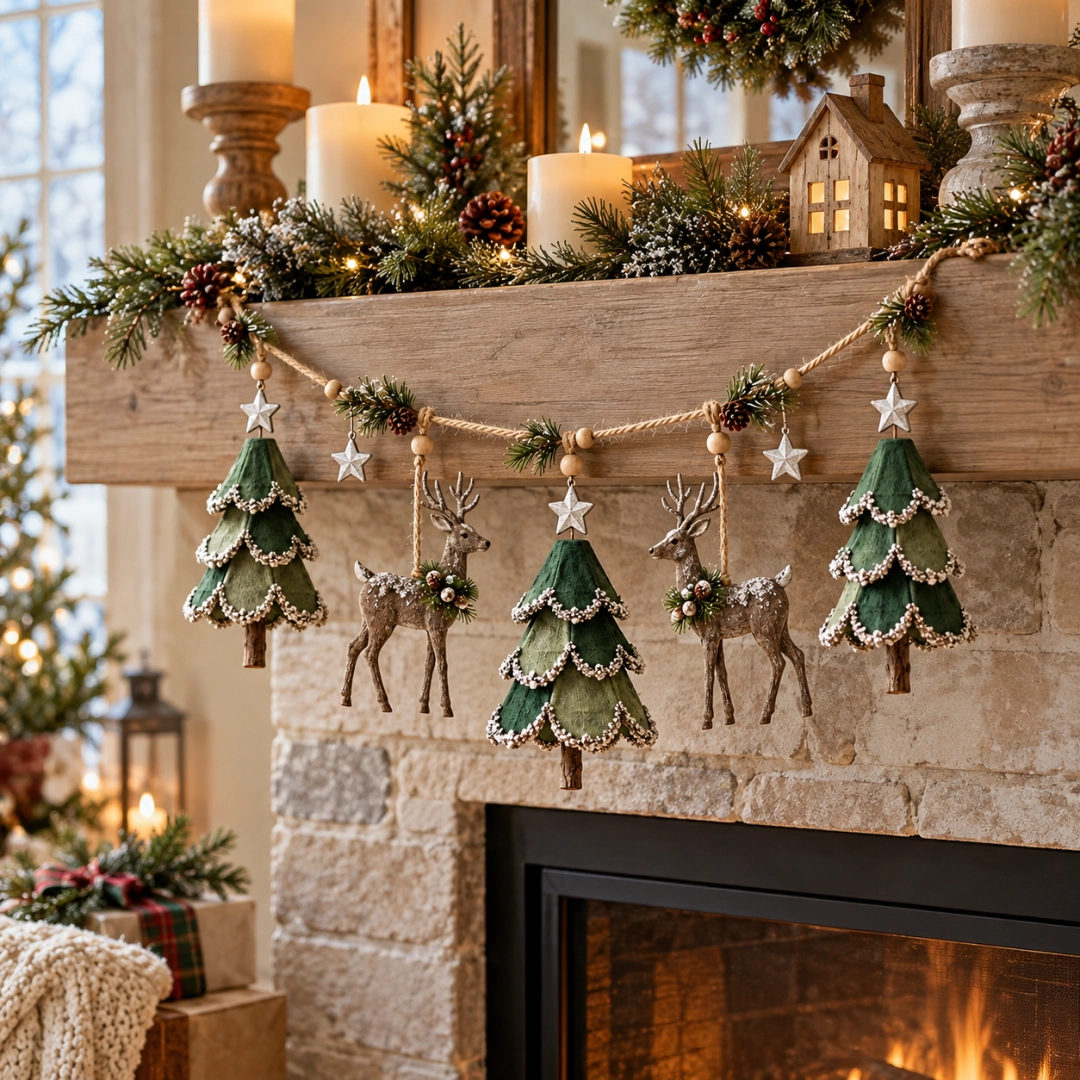 🎄🦌 Guirlande de Noël « Forêt » illuminée et faite main — Arbres et cerfs peints à la main, lueur chaleureuse