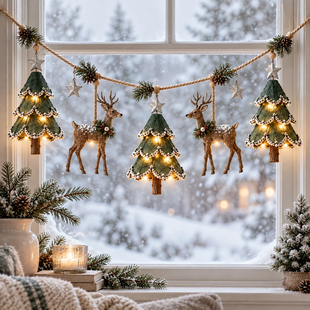 🎄🦌 Guirlande de Noël « Forêt » illuminée et faite main — Arbres et cerfs peints à la main, lueur chaleureuse