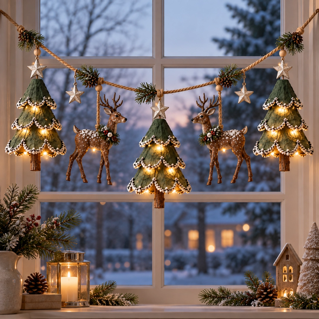 🎄🦌 Guirlande de Noël « Forêt » illuminée et faite main — Arbres et cerfs peints à la main, lueur chaleureuse