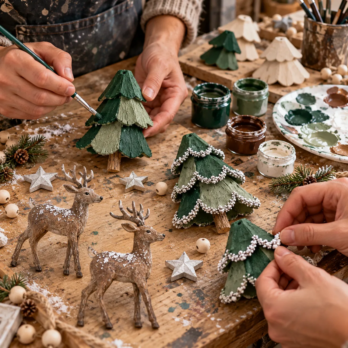 🎄🦌 Guirlande de Noël « Forêt » illuminée et faite main — Arbres et cerfs peints à la main, lueur chaleureuse