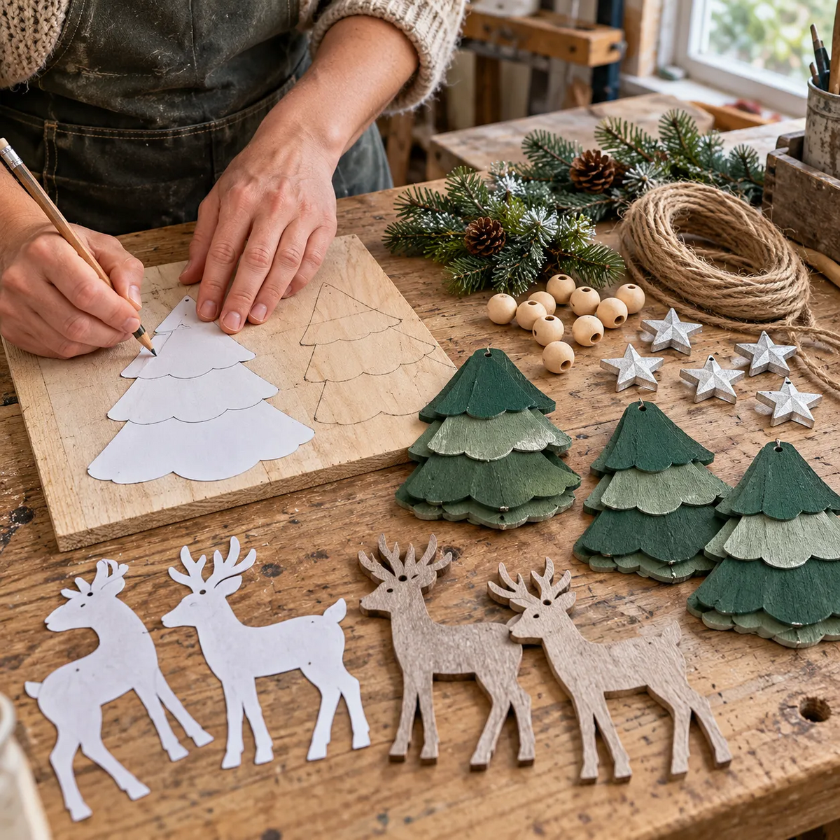 🎄🦌 Guirlande de Noël « Forêt » illuminée et faite main — Arbres et cerfs peints à la main, lueur chaleureuse