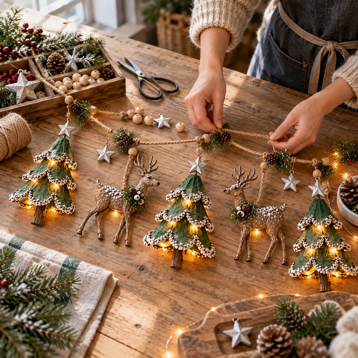 🎄🦌 Guirlande de Noël « Forêt » illuminée et faite main — Arbres et cerfs peints à la main, lueur chaleureuse