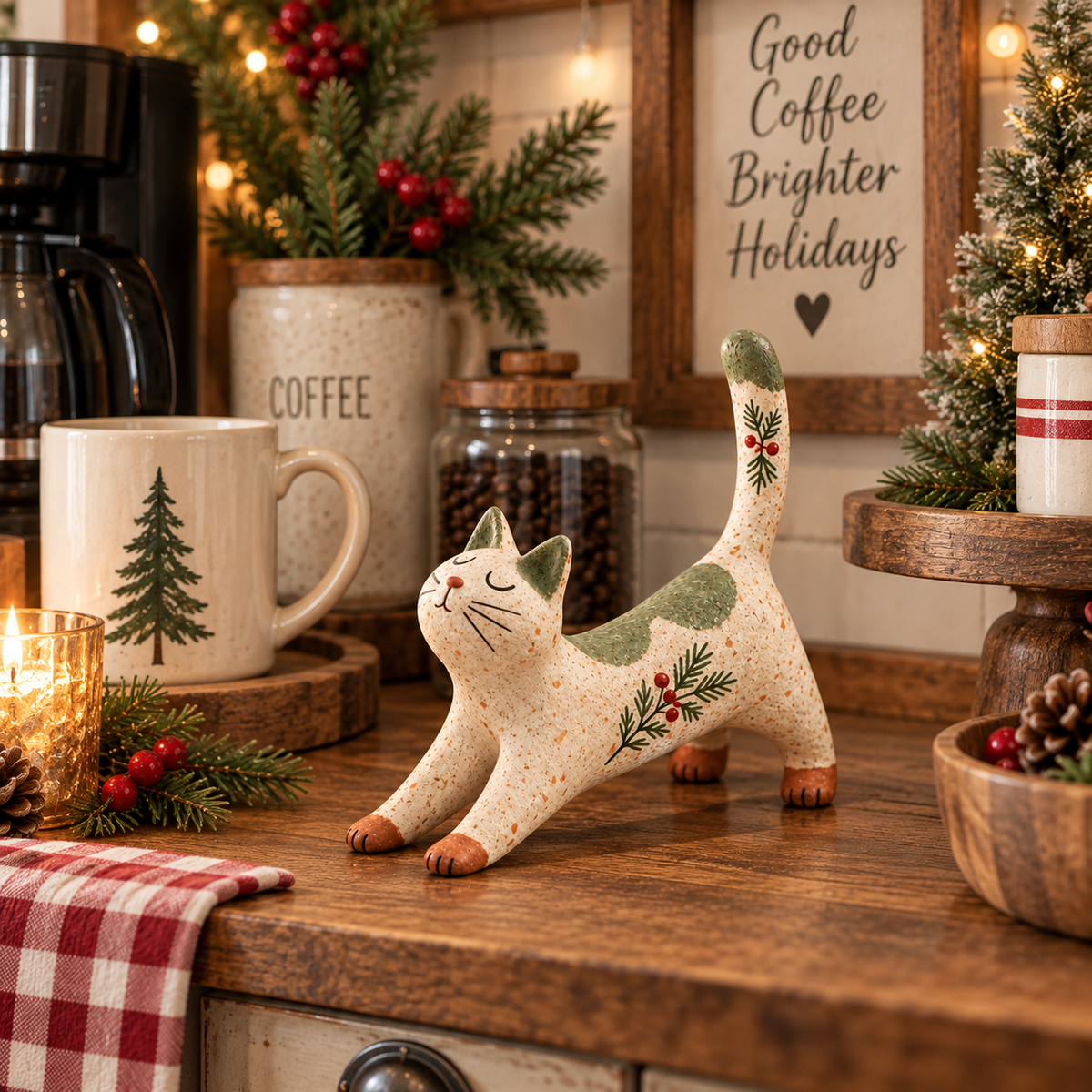🐈🎄 Figurine de chat de Noël des bois : un petit compagnon des bois tout douillet pour votre maison pendant les fêtes