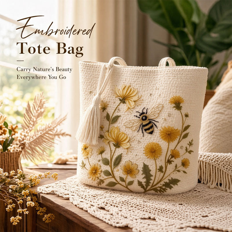 🌼 Sac fourre-tout « Abeille » au crochet fait main : broderie florale haut de gamme et sac à bandoulière bohème chic ! 🐝