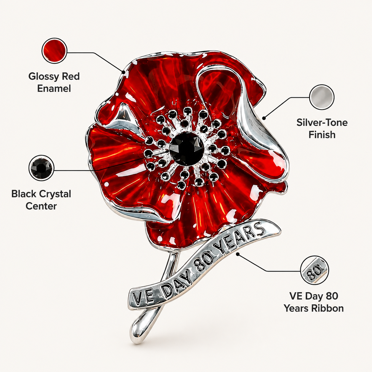 🕊️🌺 80 ans de liberté — Broche en forme de coquelicot pour l'anniversaire du Jour de la Victoire en Europe