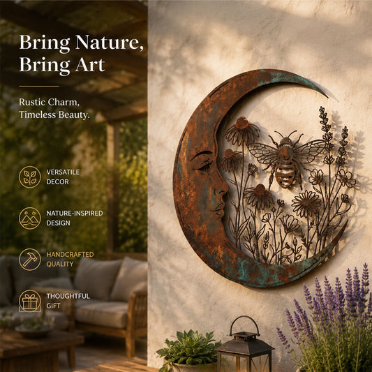🌙 Décoration murale « Lune céleste et abeille » : une décoration de jardin rustique et fantaisiste pour l'extérieur ! 🐝