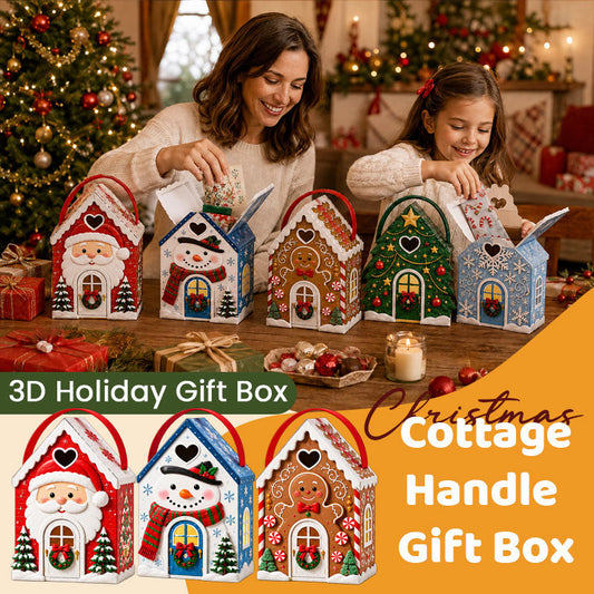 🏠🎄 Coffret cadeau « Christmas Cottage » avec poignée — 5 motifs festifs, emballage en forme de maison avec poignée de transport