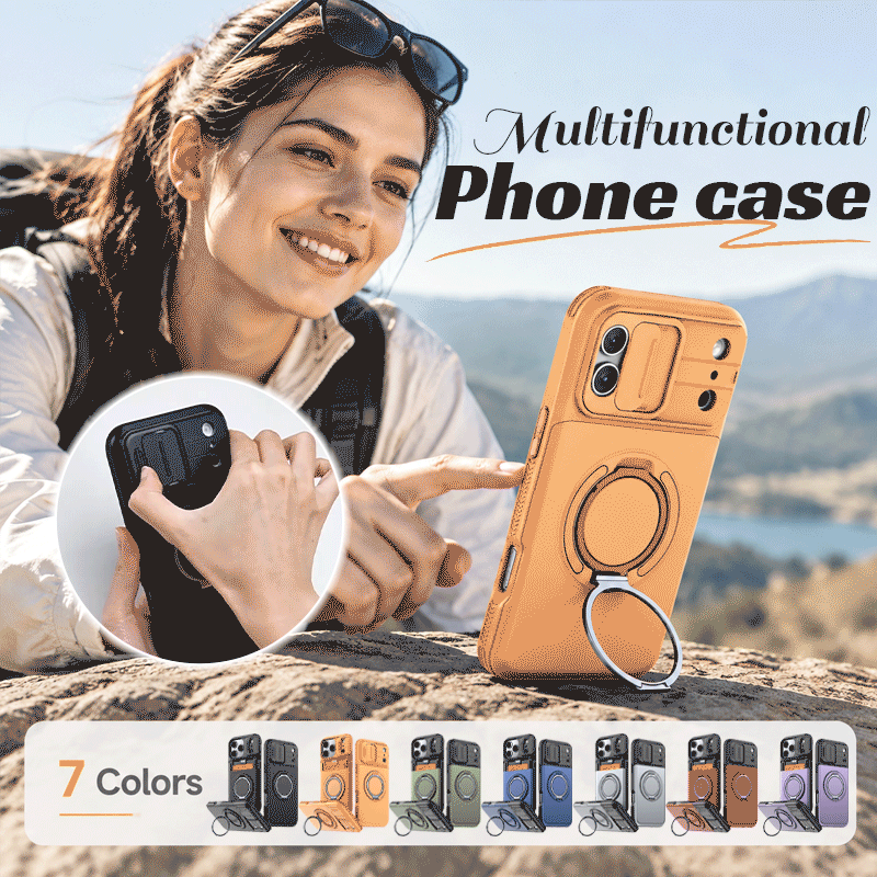 📱💳 Étui multifonctionnel pour téléphone — Compartiment coulissant pour cartes, cache-appareil photo et support anneau à 360°
