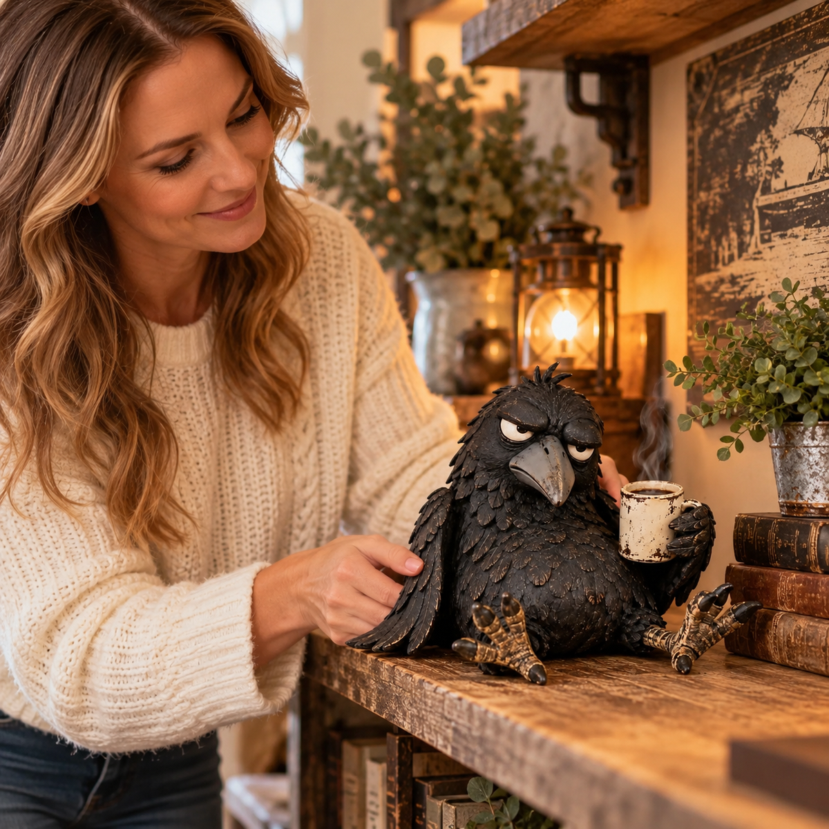☕😂 Figurine « Corbeau grincheux et café » — Décoration matinale amusante pour les amateurs de café