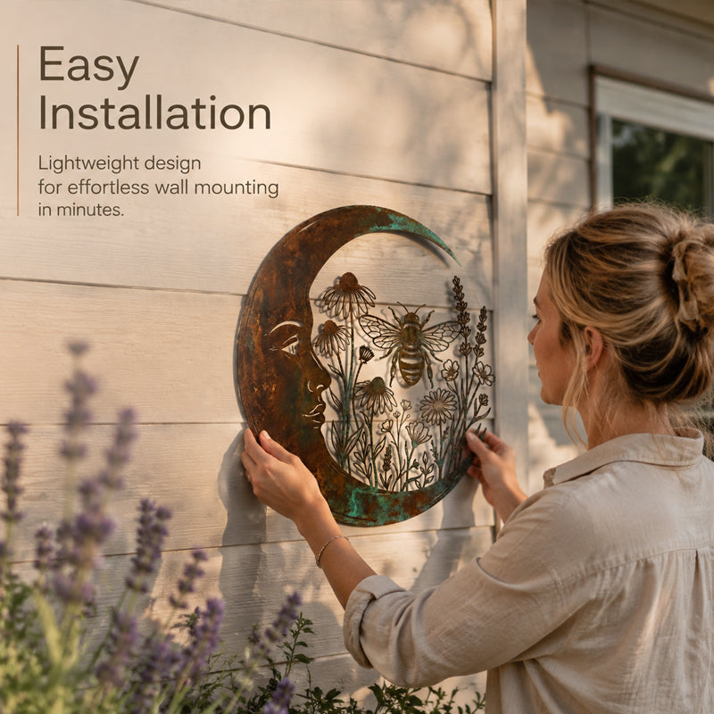 🌙 Décoration murale « Lune céleste et abeille » : une décoration de jardin rustique et fantaisiste pour l'extérieur ! 🐝