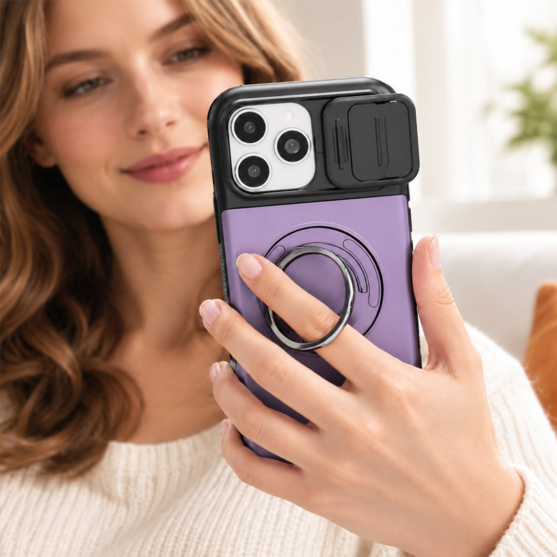 📱💳 Étui multifonctionnel pour téléphone — Compartiment coulissant pour cartes, cache-appareil photo et support anneau à 360°