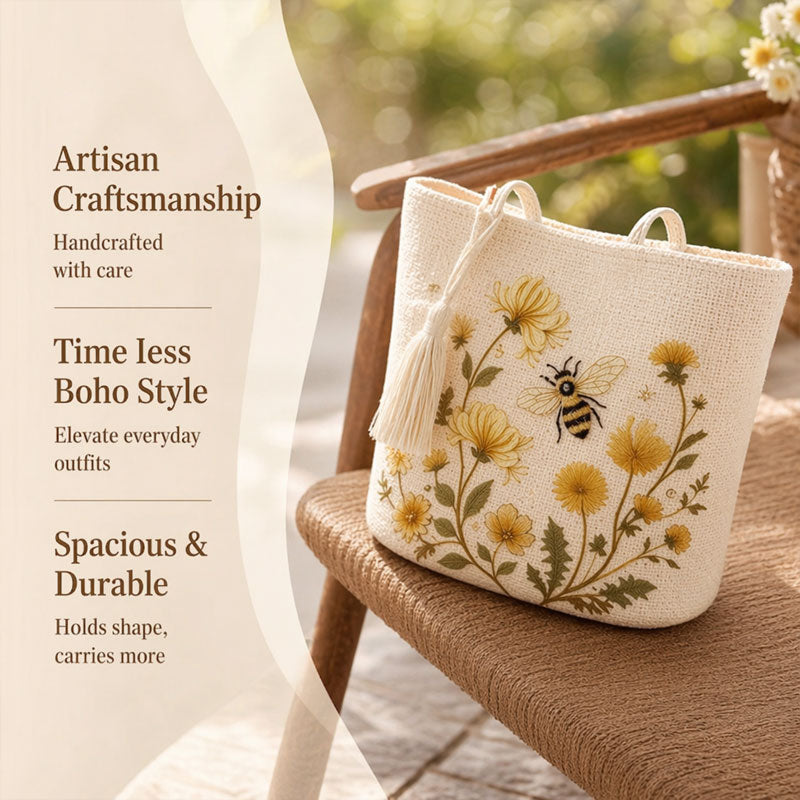 🌼 Sac fourre-tout « Abeille » au crochet fait main : broderie florale haut de gamme et sac à bandoulière bohème chic ! 🐝