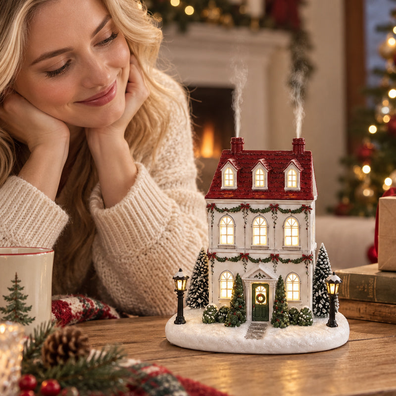 🎄✨ Diffuseur « La maison de Noël de Mistletoe Lane » — Diffuseur festif représentant un village de Noël avec des fenêtres illuminées et une charmante brume de cheminée