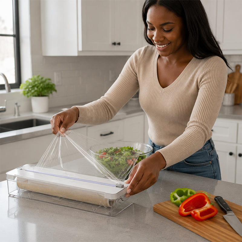 🍳 Distributeur 2-en-1 pour papier d'aluminium et film alimentaire avec coupe-film coulissant ! ✂️