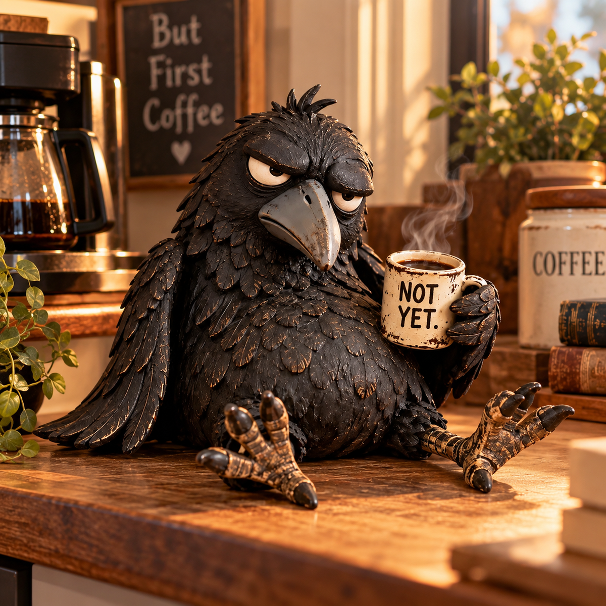 ☕😂 Figurine « Corbeau grincheux et café » — Décoration matinale amusante pour les amateurs de café