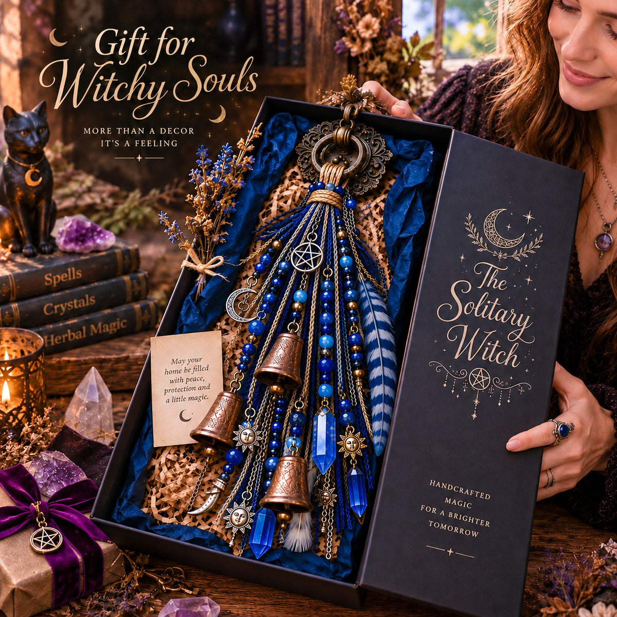 🔮🌙 The Solitary Witch Door Charm — Celestial Hanging Decor with Crystals, Feathers & Vintage Bells