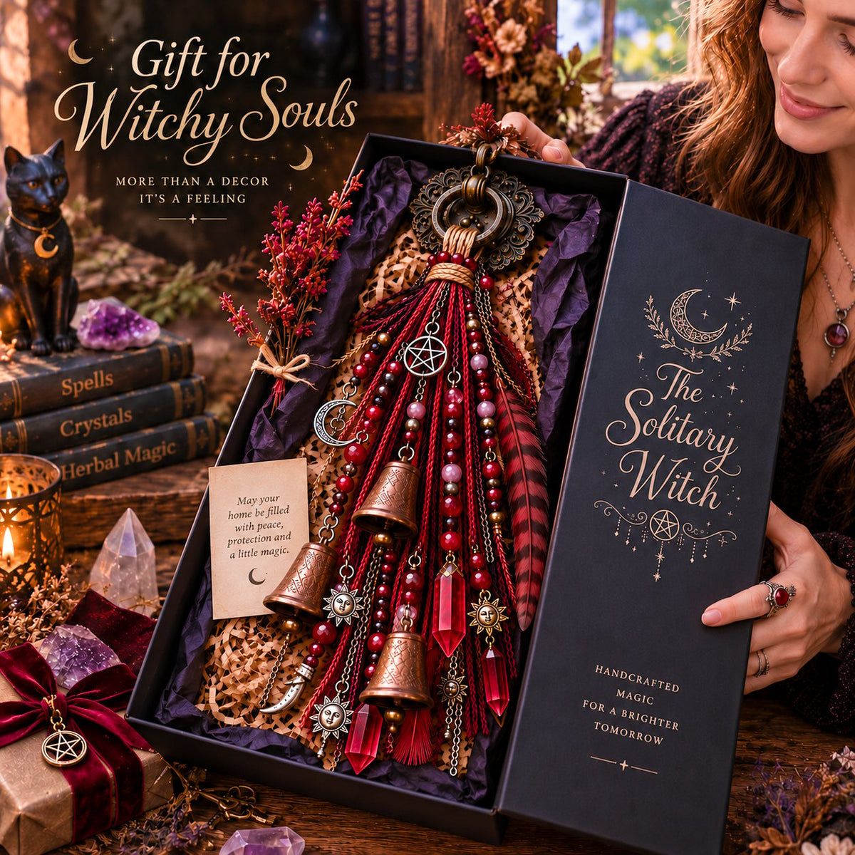 🔮🌙 The Solitary Witch Door Charm — Celestial Hanging Decor with Crystals, Feathers & Vintage Bells
