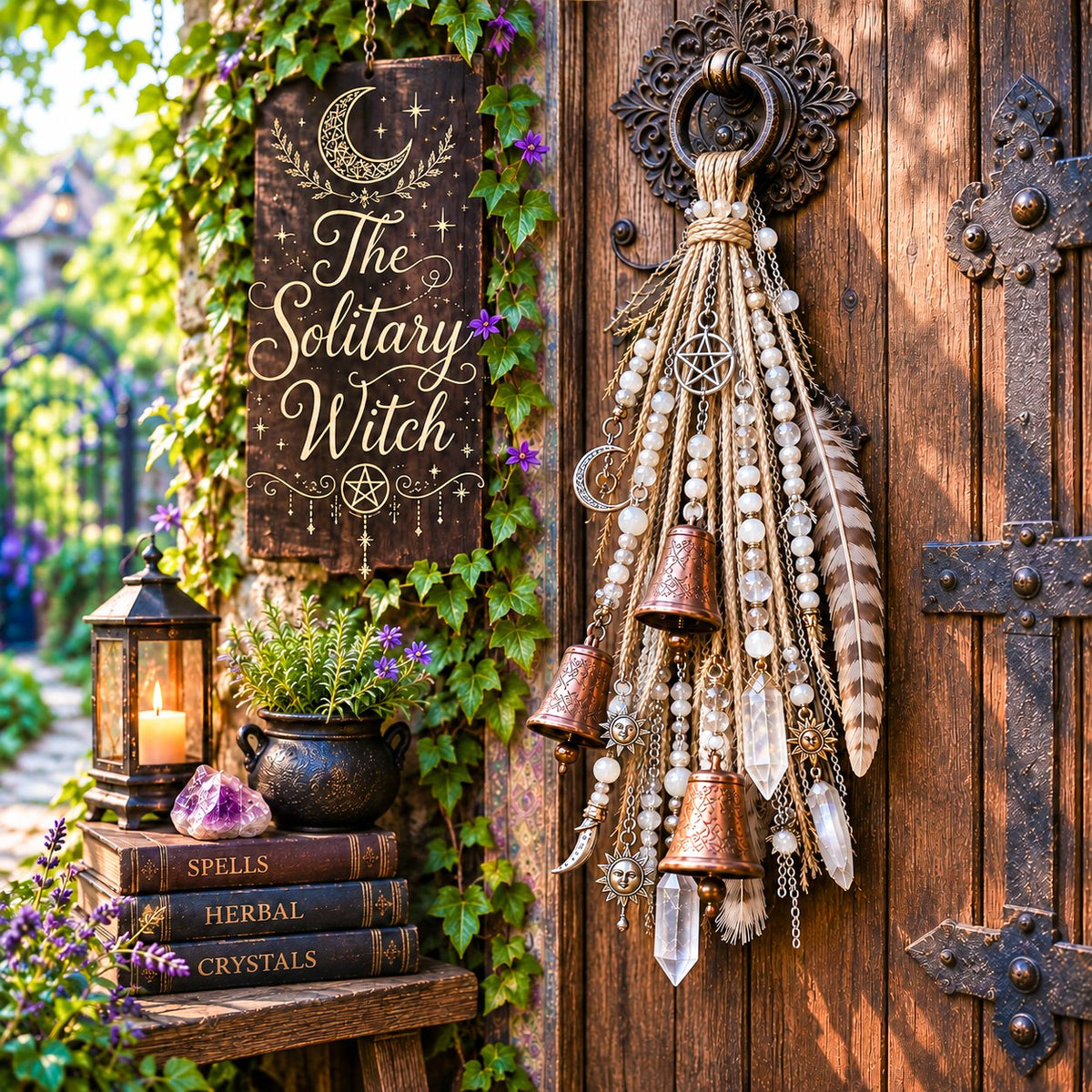 🔮🌙 The Solitary Witch Door Charm — Celestial Hanging Decor with Crystals, Feathers & Vintage Bells