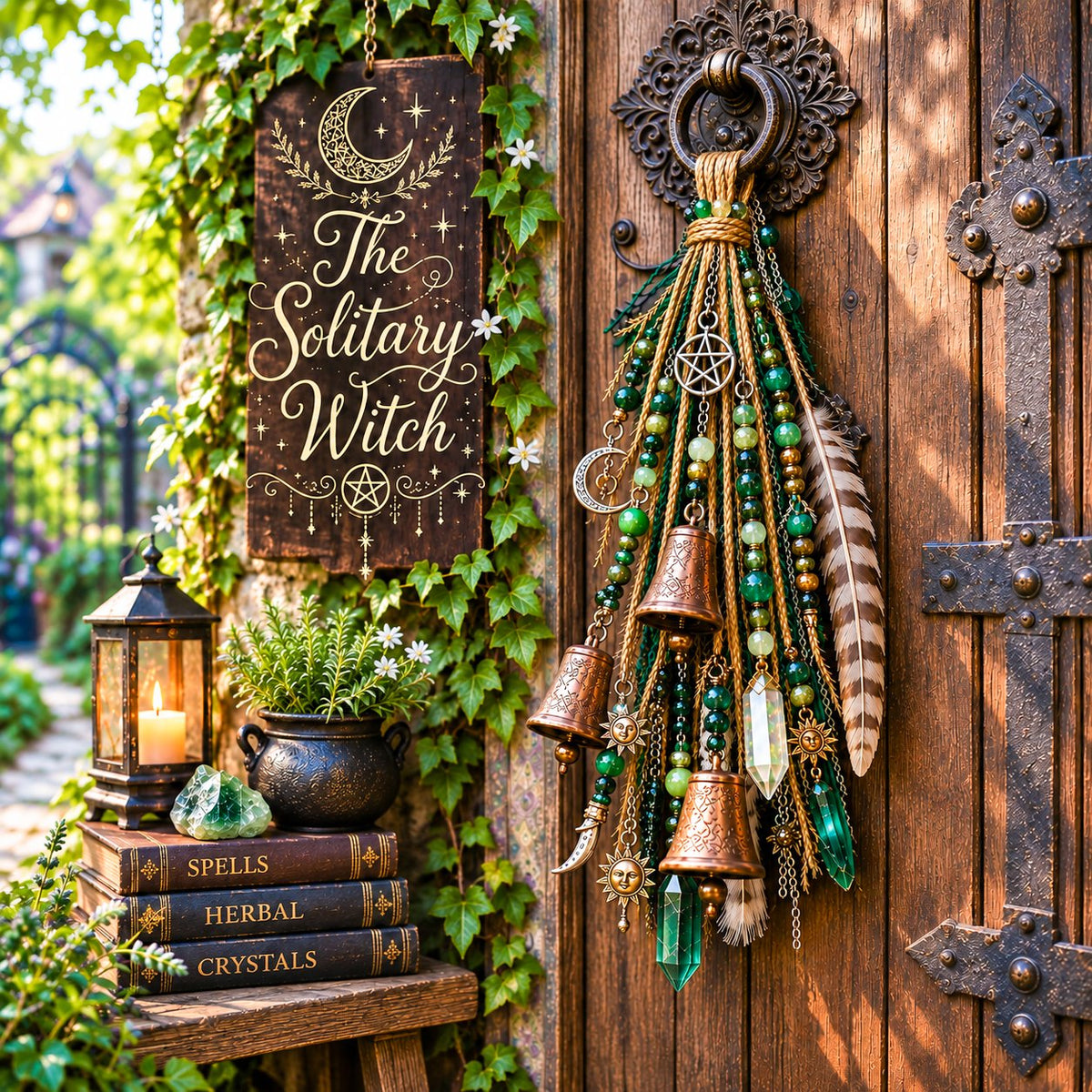 🔮🌙 The Solitary Witch Door Charm — Celestial Hanging Decor with Crystals, Feathers & Vintage Bells